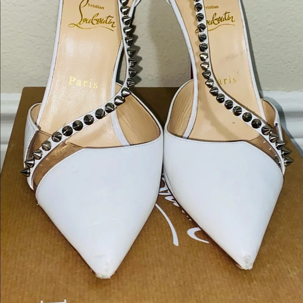 Christian Louboutin
White Spike Cross 100 Pvc Silver Criss Ankle Strap Stiletto - Picture 2 of 11